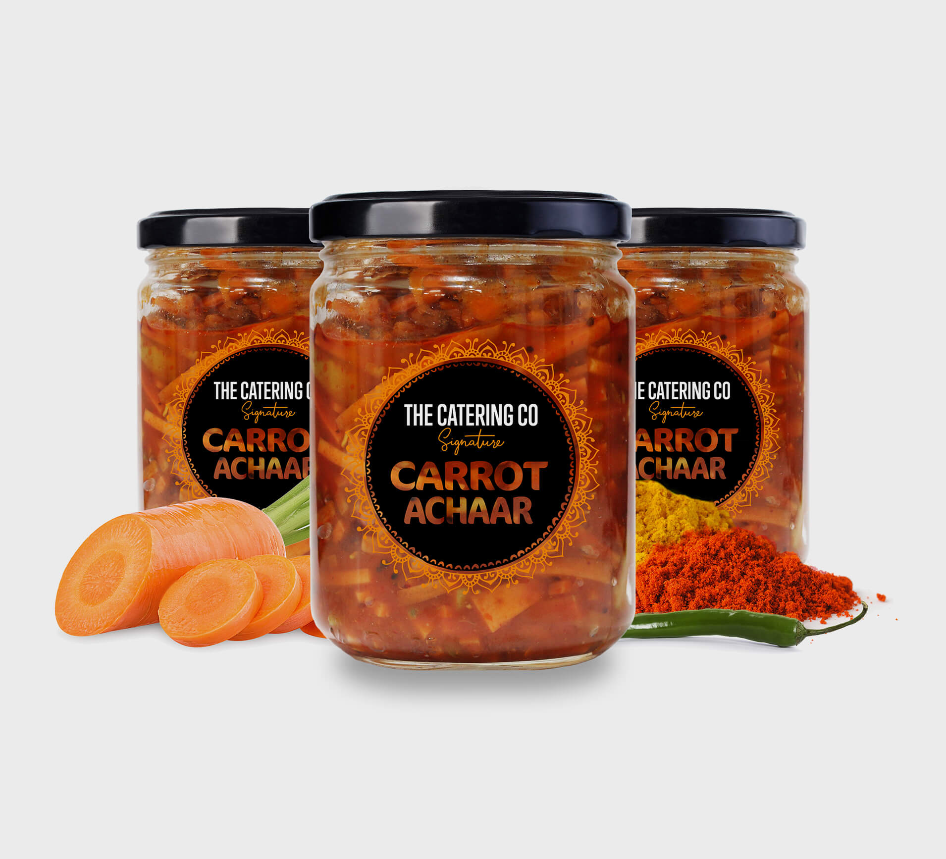 Packaging design for The Catering Co jars by Sprouto, featuring vibrant colours and bold typography highlighting the product’s branding. 