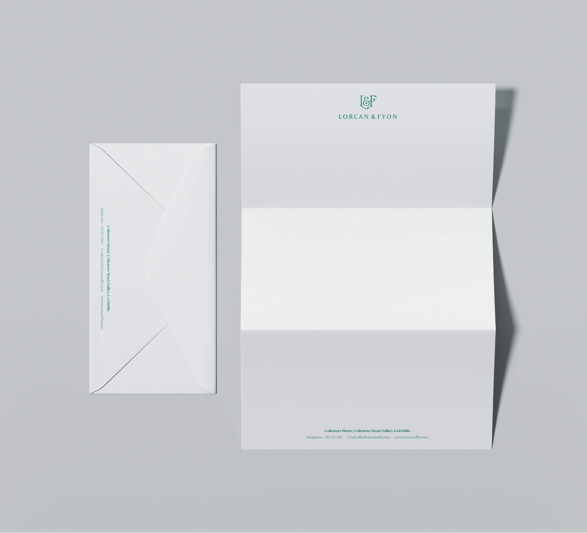 Cohesive logo at the left of modern typography for Lorcan & Fyon.