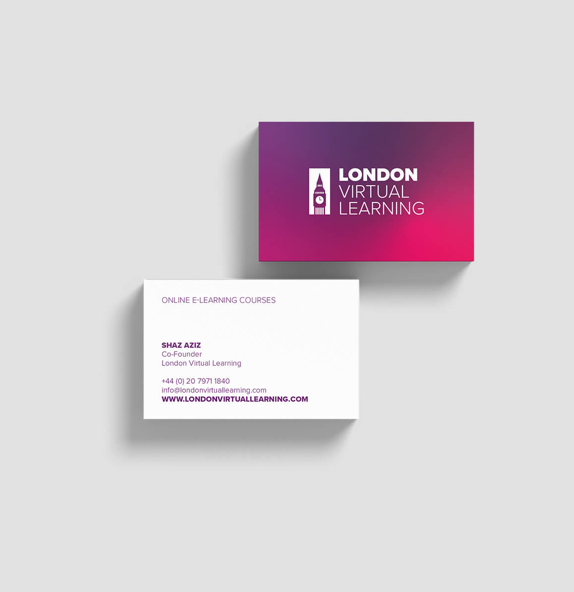 London Virtual Learning business cards designed by Sprouto, featuring clean typography and modern branding elements on a sleek layout.