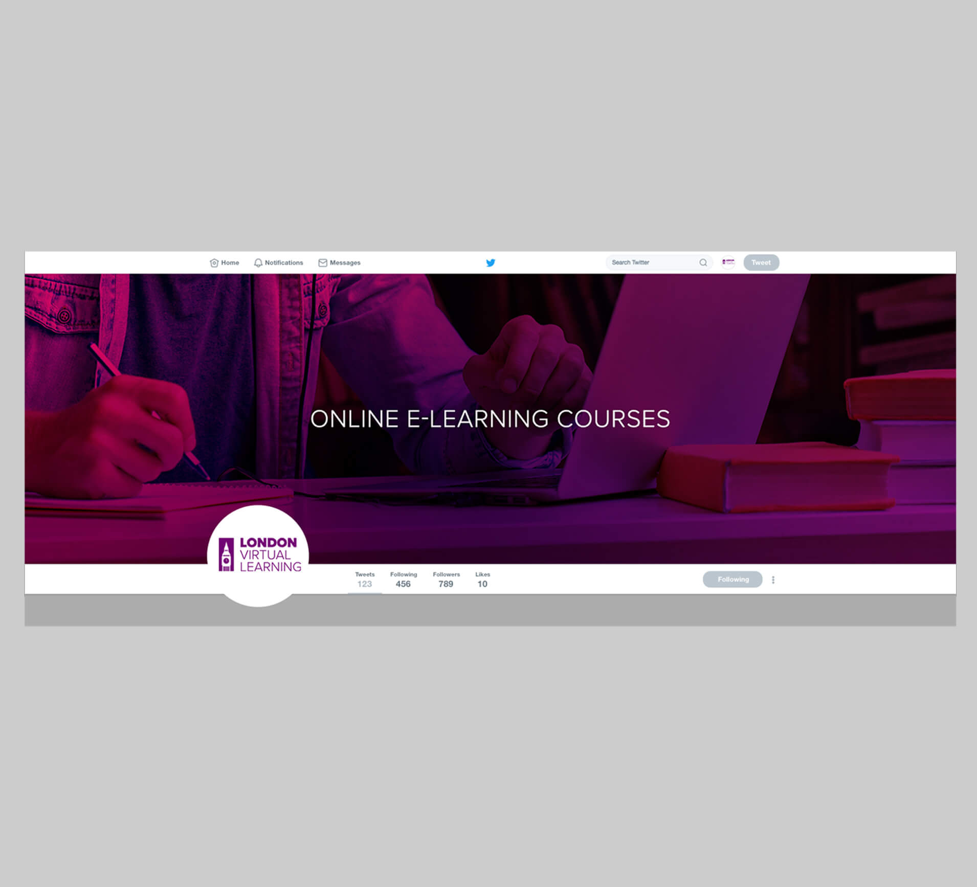London Virtual Learning Twitter header designed by Sprouto, featuring modern branding and sleek typography for social media presence. 