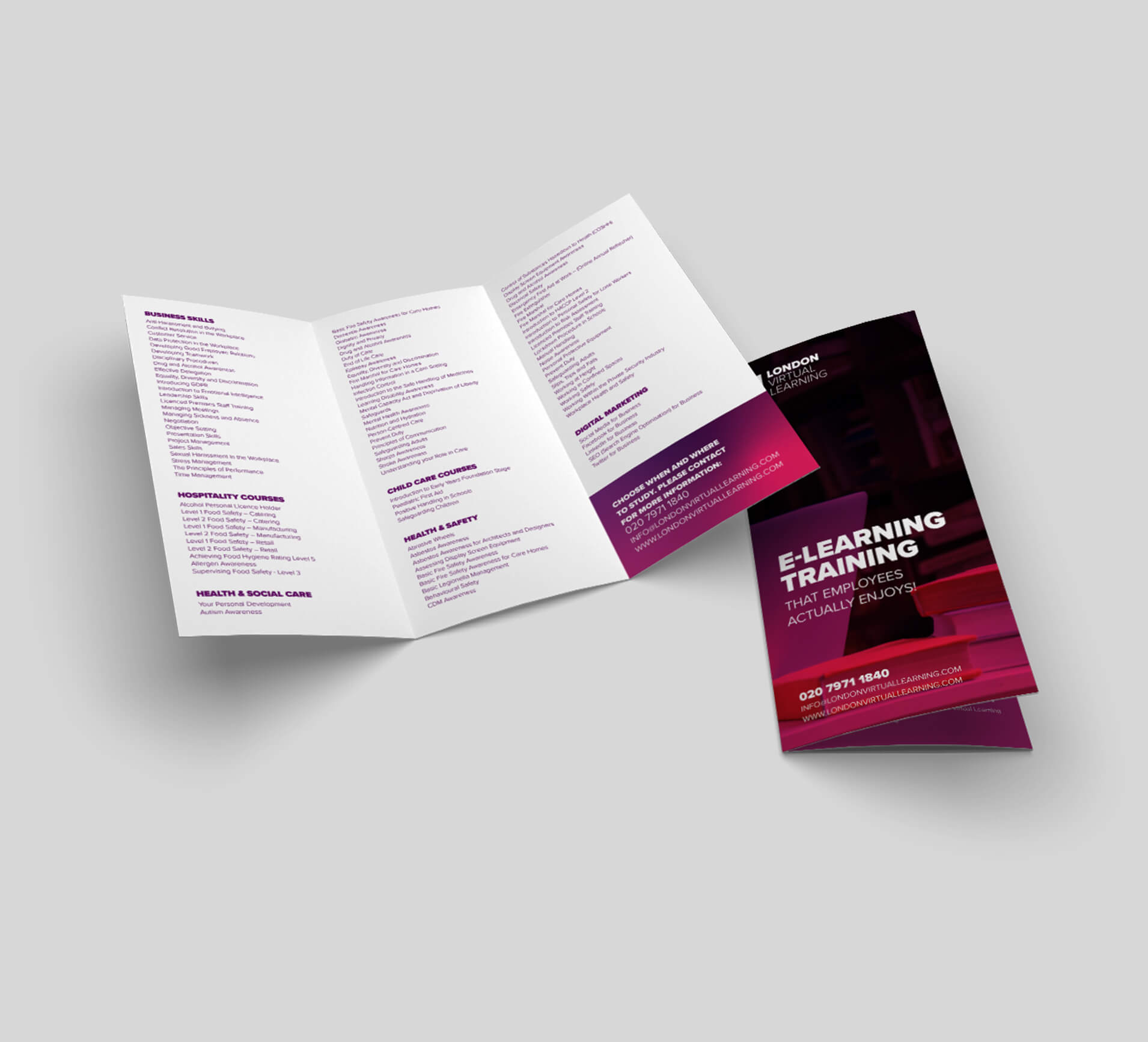 London Virtual Learning leaflet designed by Sprouto, showcasing a clean layout with modern typography and professional branding. 