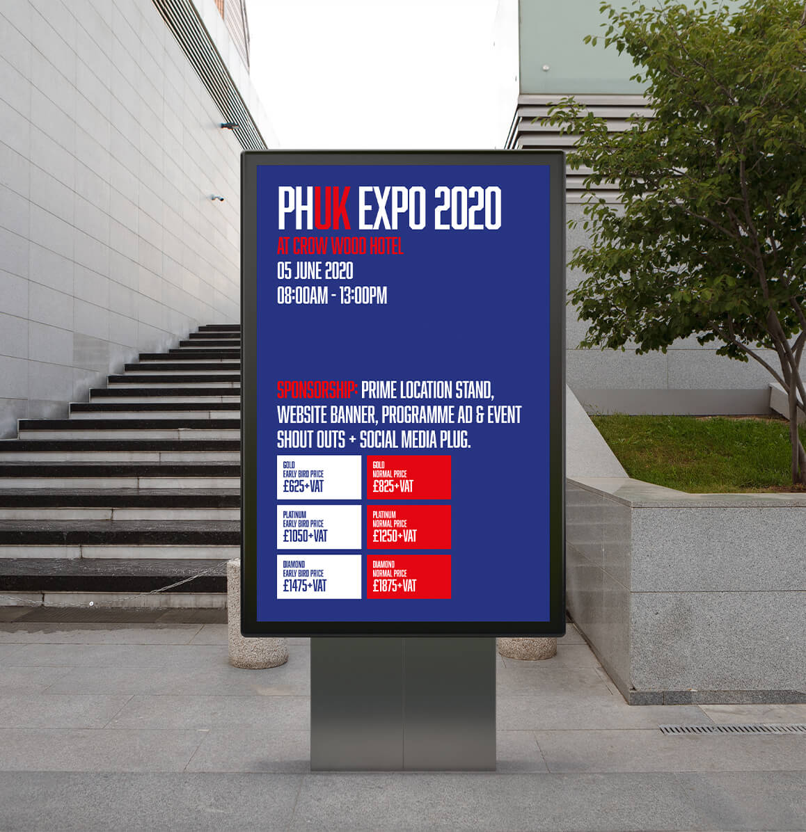 PHUK Group prototype display designed by Sprouto, featuring bold branding elements and professional layout for a promotional exhibition. 