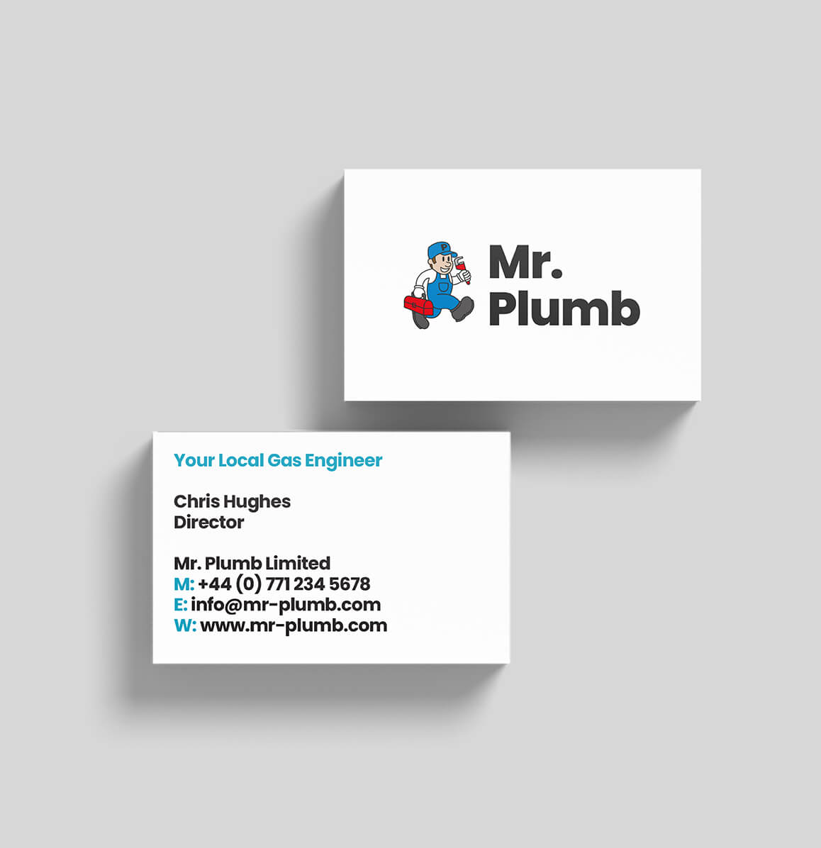 Mr. Plumb business card designed by Sprouto, featuring the cartoon plumber logo and bold typography with clean, professional branding. 