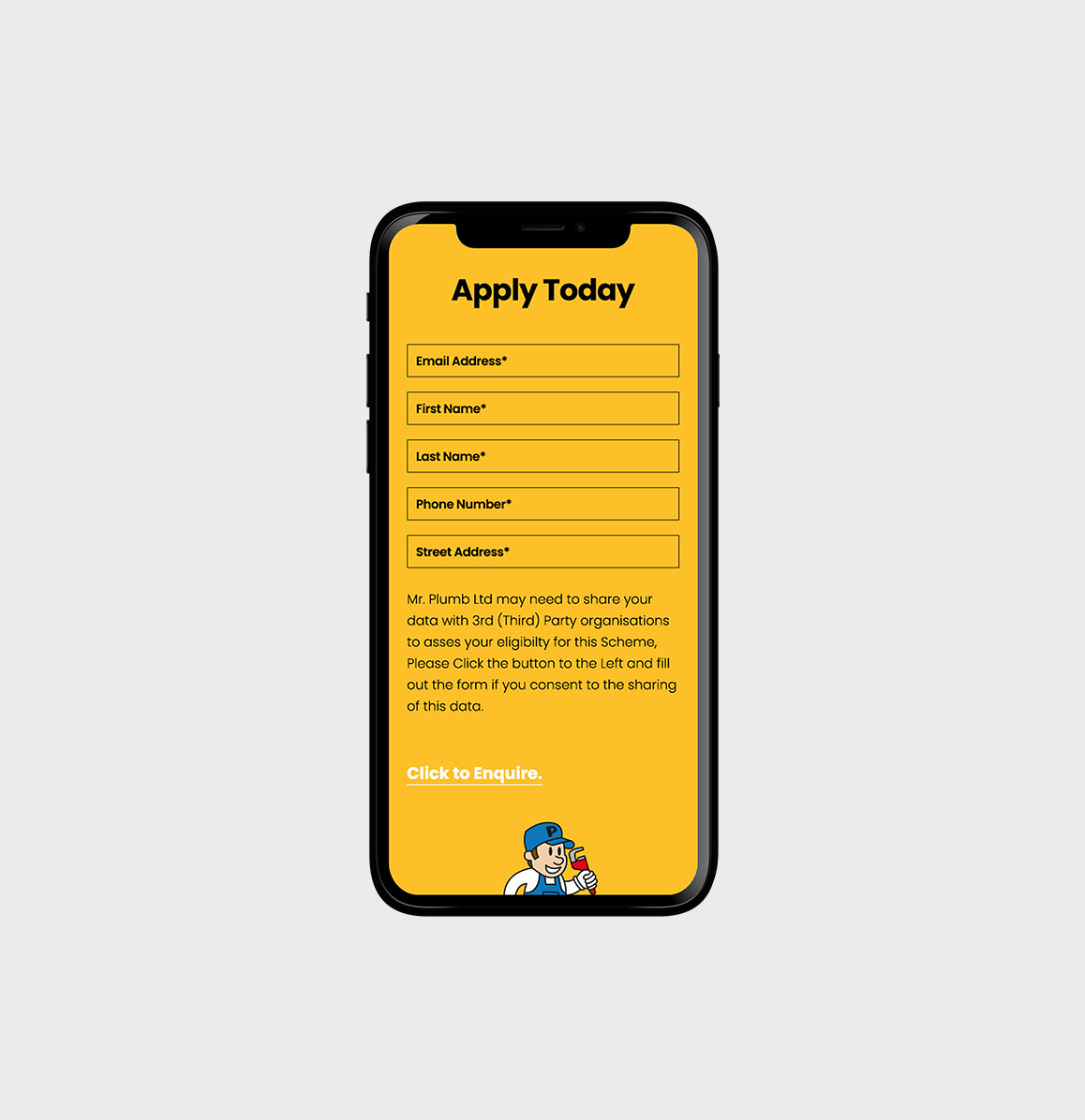 Mobile view of the Mr. Plumb website displayed, designed by Sprouto, showcasing responsive design with the brand's cartoon plumber logo and bold typography.