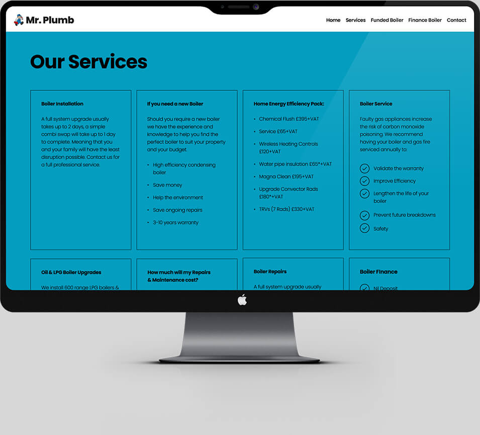 Desktop view of the Mr. Plumb website's services page, designed by Sprouto, showcasing a clean layout with service offerings and bold branding elements.