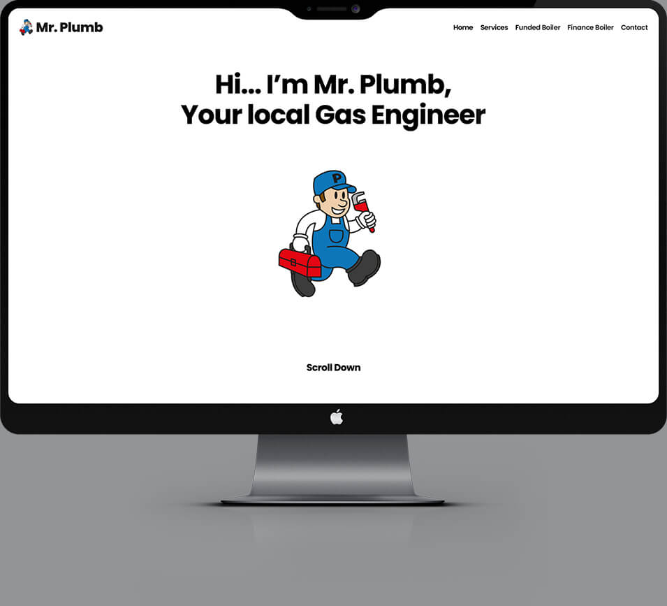 Desktop view of the Mr. Plumb website designed by Sprouto, featuring a clean layout with the cartoon plumber logo and bold branding elements.