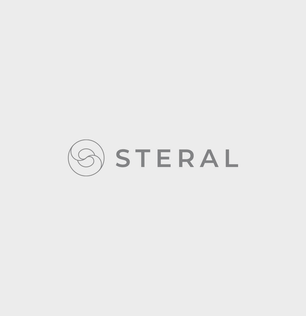 Steral logo featuring a minimalist circular emblem with intertwined lines, accompanied by bold, modern typography spelling 'STERAL' in grey.