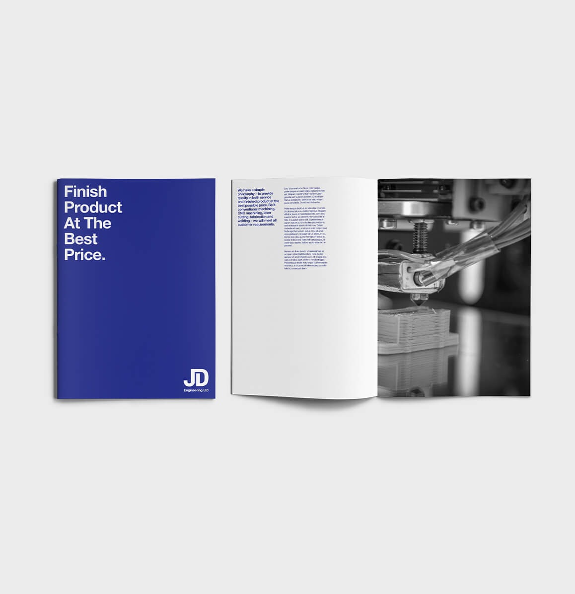 JD Engineering editorial design by Sprouto, showcasing clean layout, bold typography, and technical branding elements.