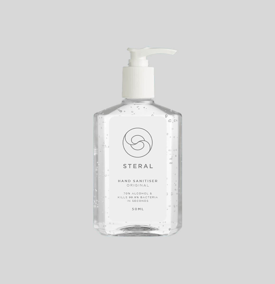 Steral hand sanitiser packaging designed by Sprouto, featuring the brand's minimalist logo and clean, modern label design. 