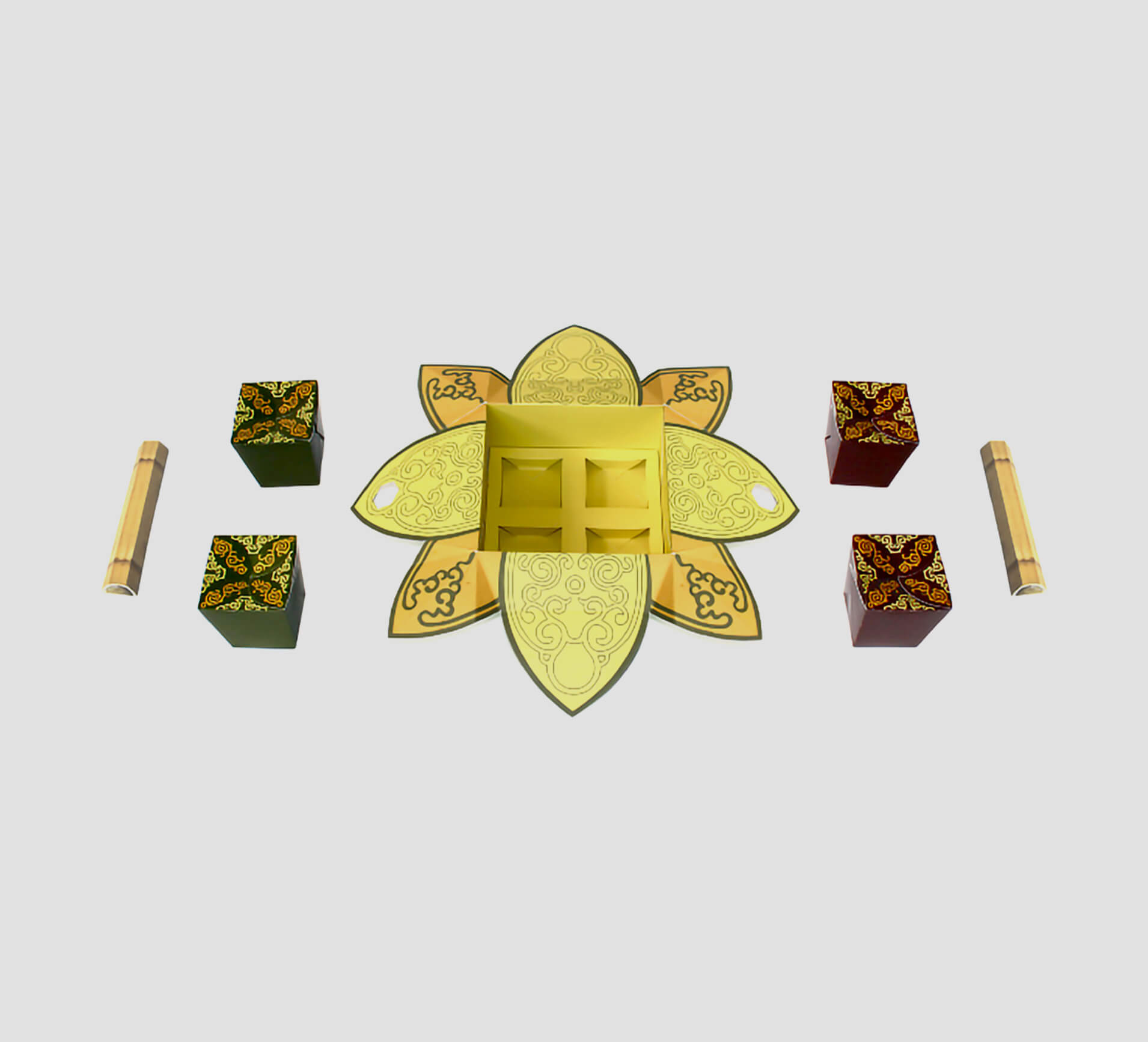 Expanded view of Viet Garden packaging designed by Sprouto, featuring a flower-shaped box with intricate patterns, individual square compartments, and bamboo handles, reflecting traditional Vietnamese design. 