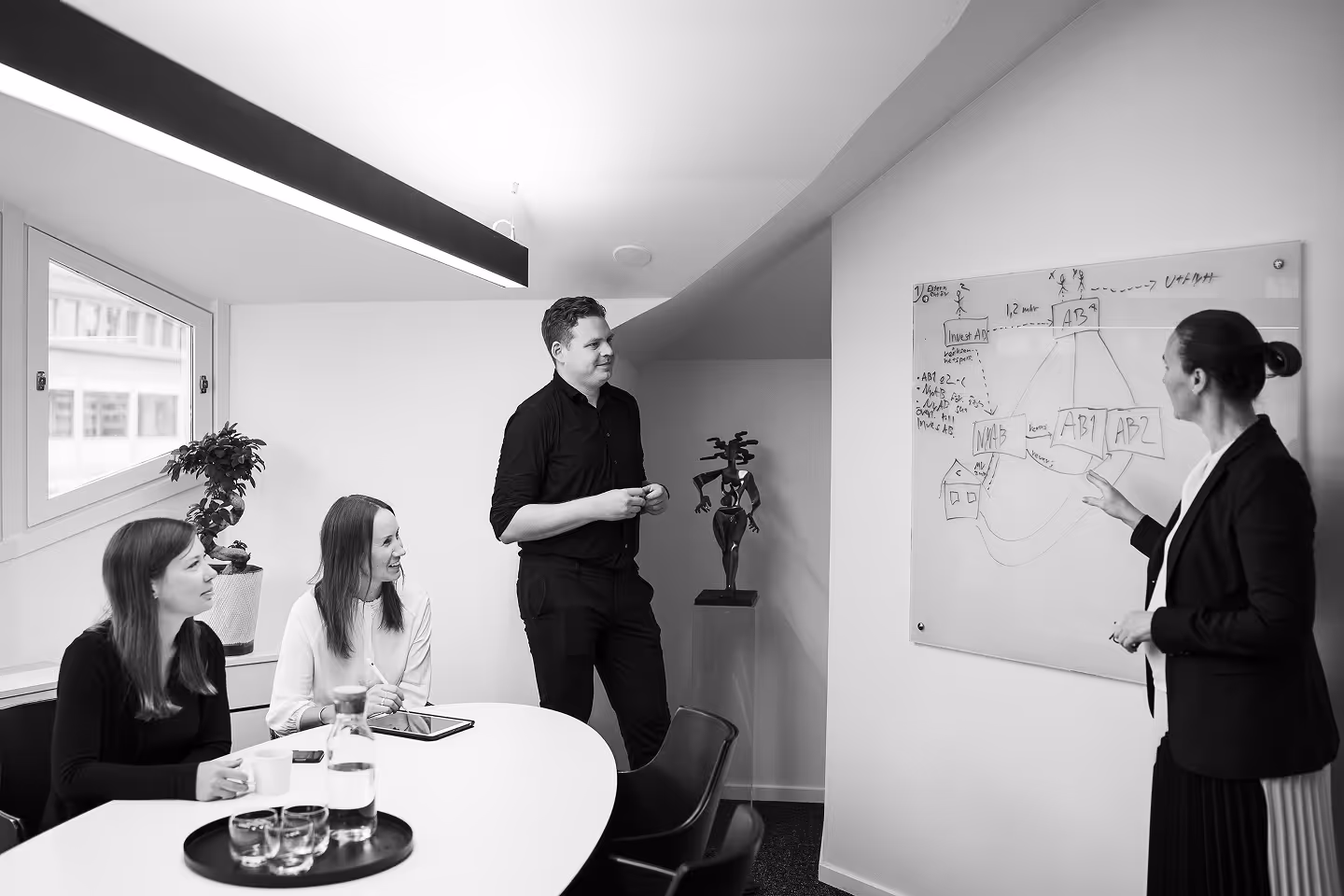 People have planning in a conference room with a whiteboard