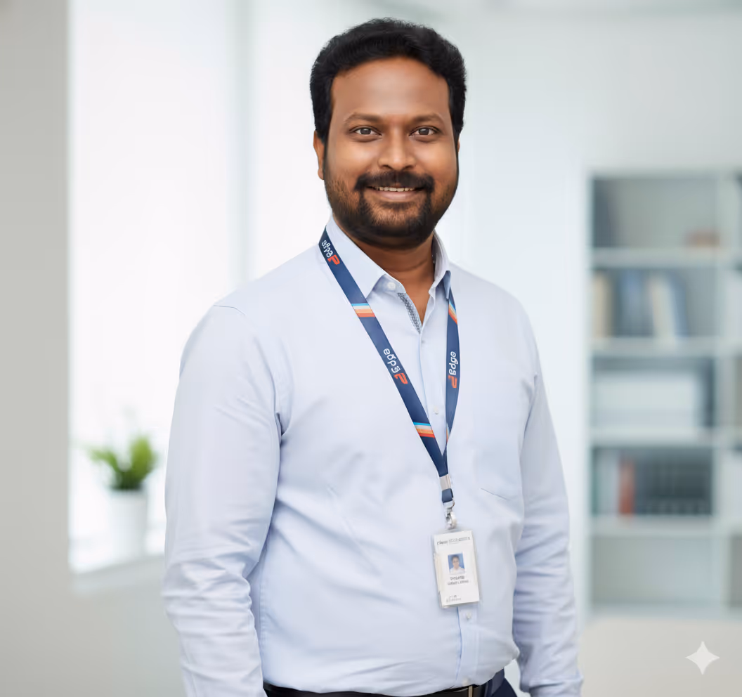 Smiling man in a light blue shirt wearing a company lanyard and ID badge standing in an office environment.