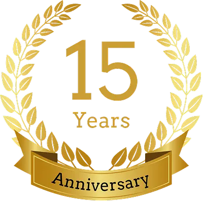 Golden laurel wreath surrounding the text '15 Years' with a gold ribbon below reading 'Anniversary'.