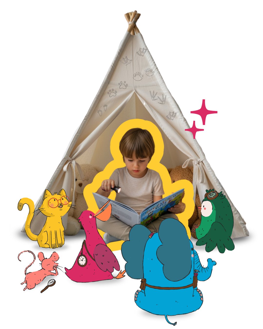 enfant sous un tipi tenant une livre colorée avec l'inscription 'Pourquoi, Comment et leurs amis', entourée de personnages illustrés comme un éléphant bleu avec une sacoche, un chat jaune portant des lunettes, une souris rose, un hiboux vert et un pelican rose. Illustration de style enfantin, ambiance ludique et joyeuse.