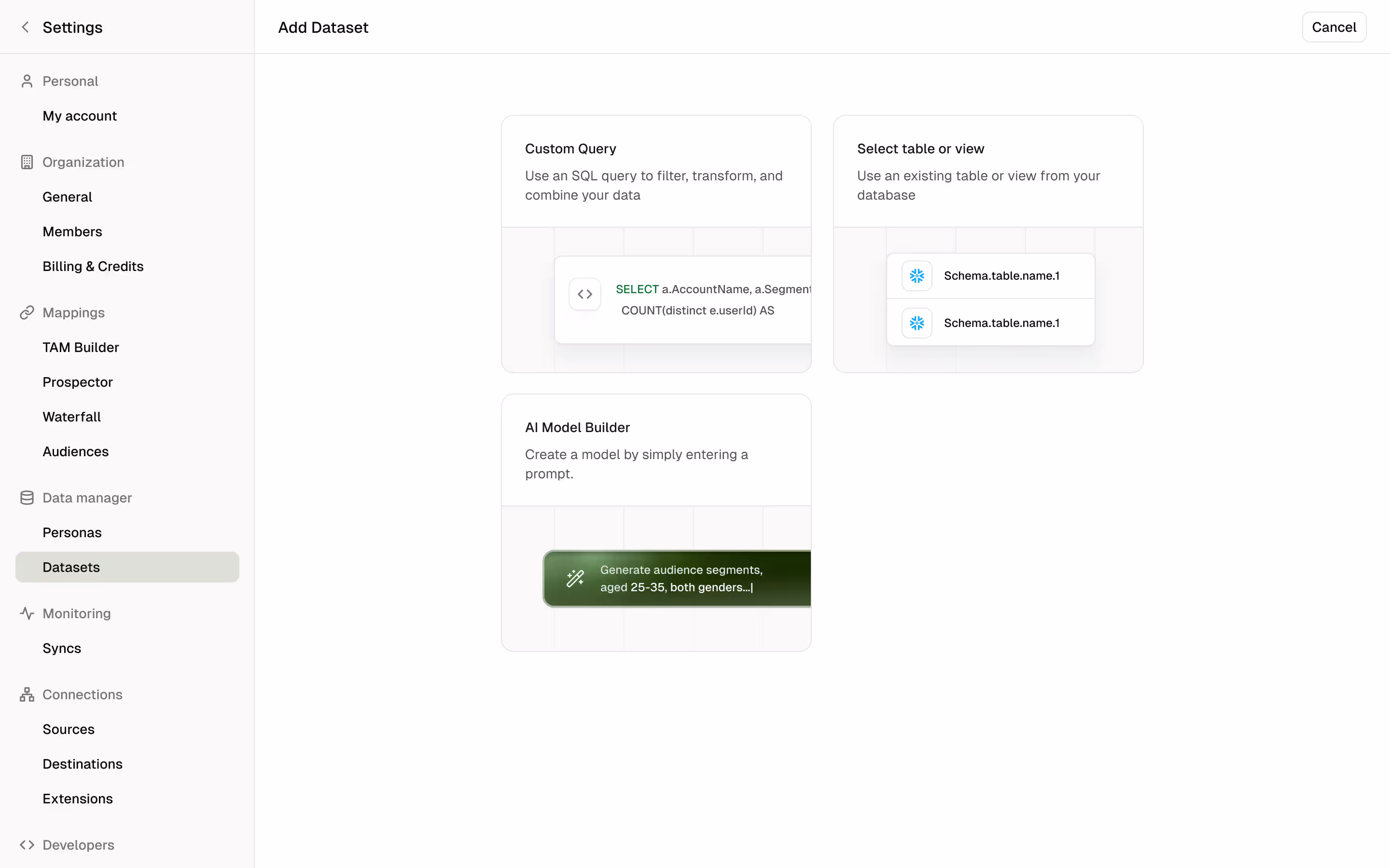 Settings - add dataset