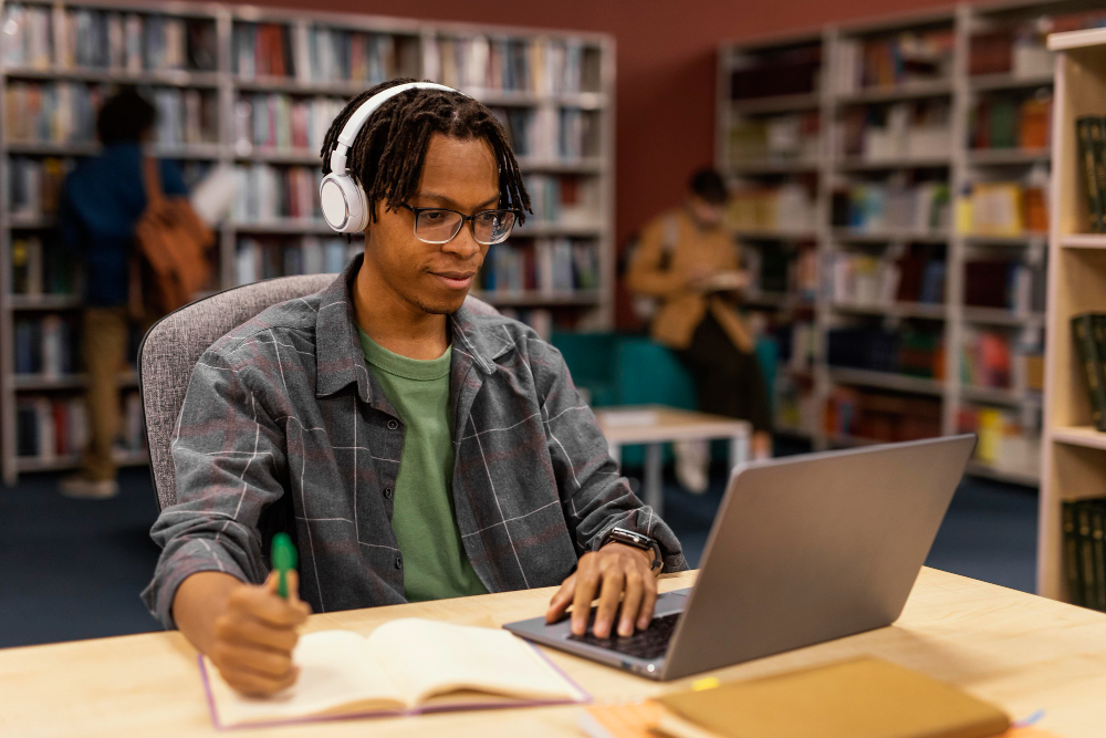 man using headphones - Benefits of AI for Students