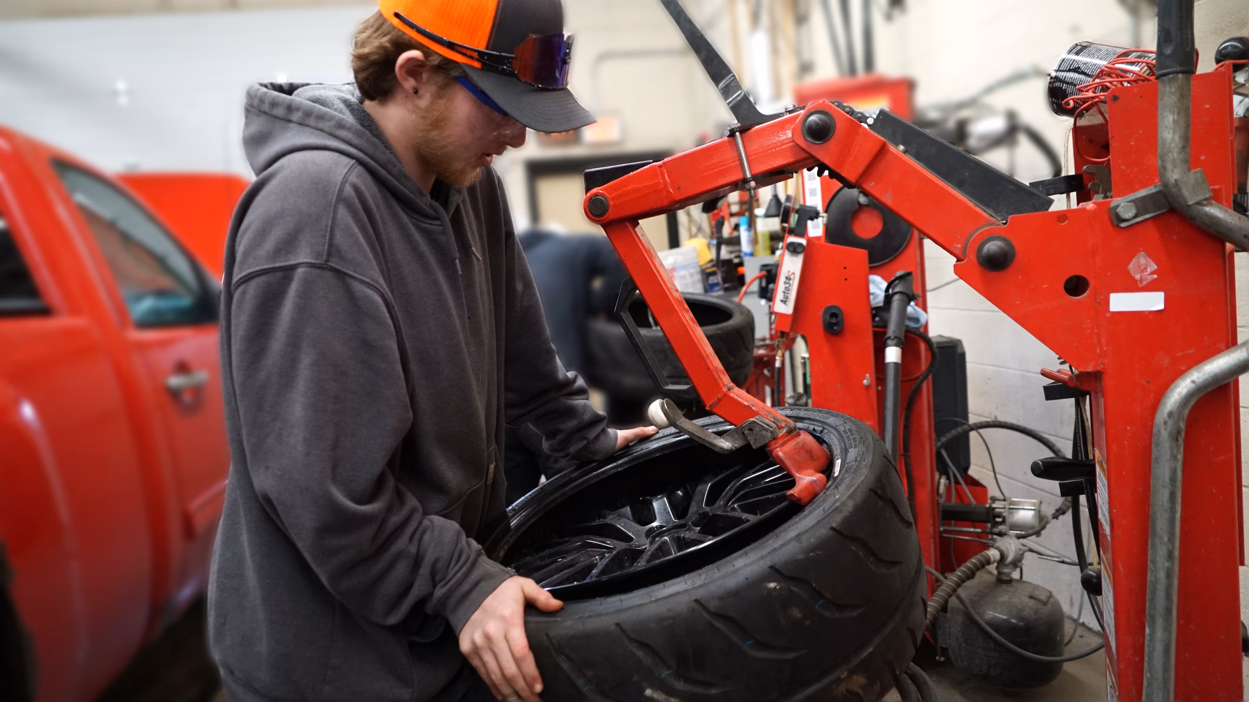 Student working with tire.