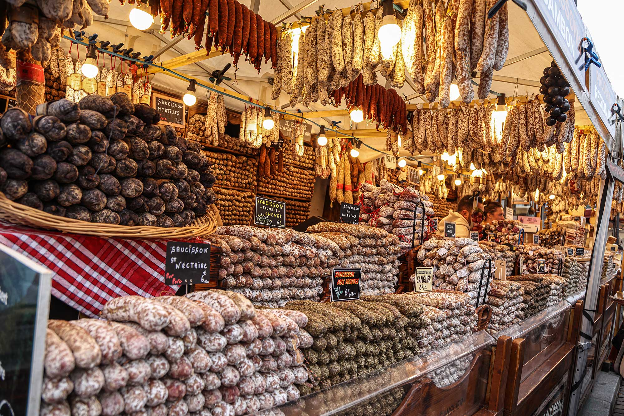 some of the huge variety of saucissons available during La Fête des Vendanges