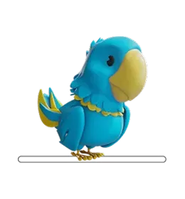 Cute blue cartoon parrot with a large yellow beak and tail feathers standing on a horizontal bar.