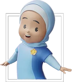 3D animated character of a smiling girl wearing a blue hijab and dress with a yellow flower brooch.