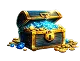 Open treasure chest overflowing with gold coins and gemstones.