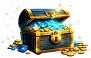 Open treasure chest overflowing with gold coins and jewels emitting a magical glow.