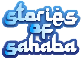 Stylized text saying 'stories of sahaba' in blue and white with a shadow effect.