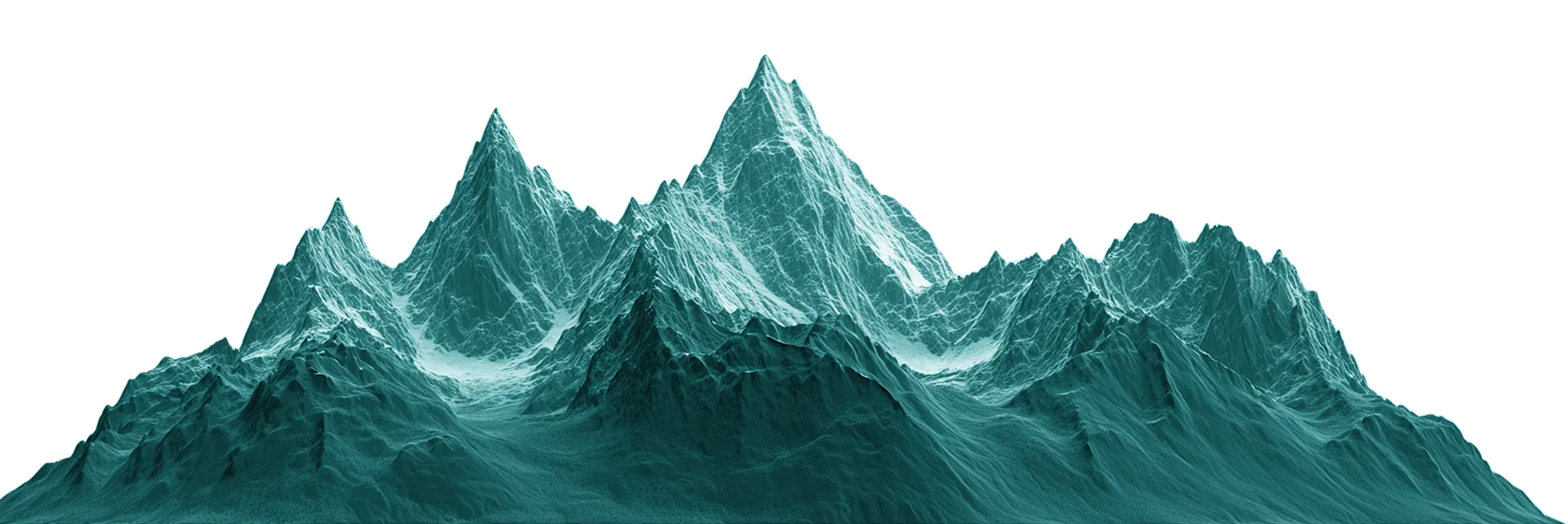 3D rendered turquoise mountain range with sharp peaks on a black background.