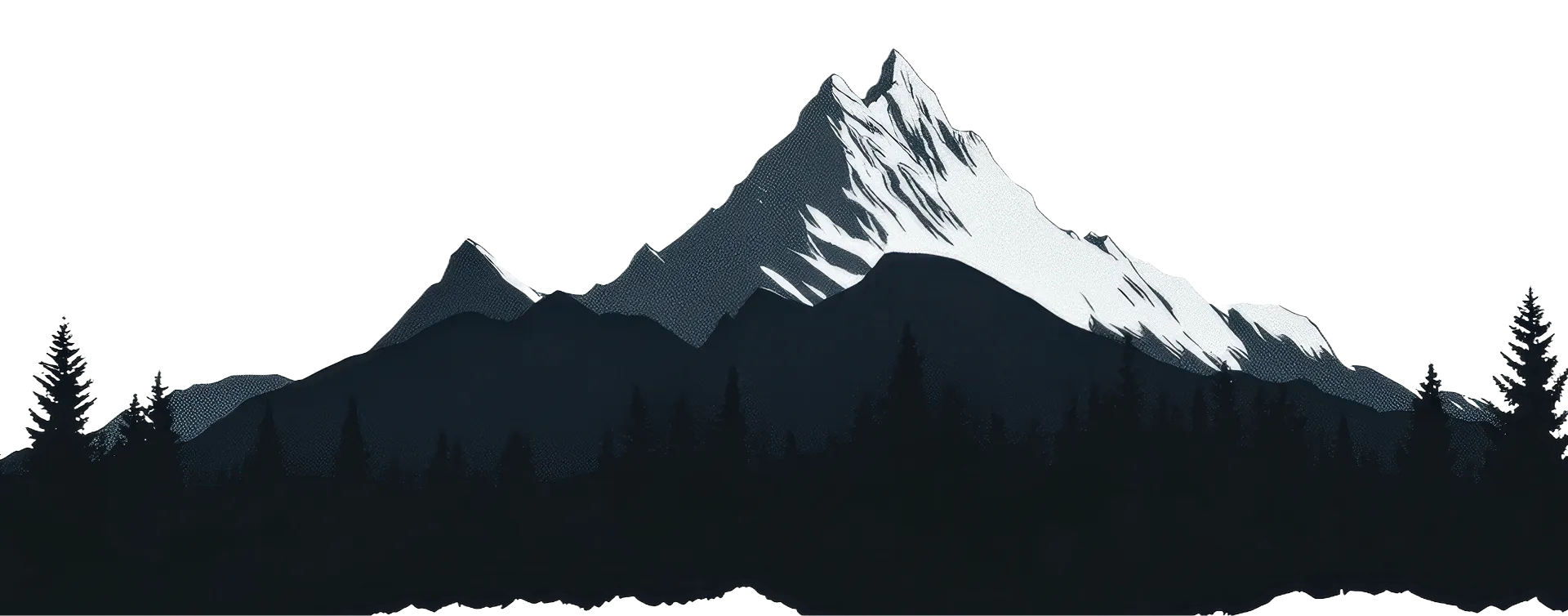 Illustration of a mountain with snow-covered peaks and pine trees in the foreground.