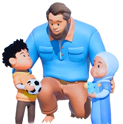 Cartoon character of a bearded man kneeling between two children, one holding a soccer ball and the other a teddy bear.