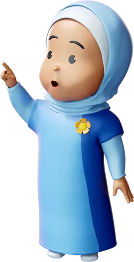 Cartoon character of a surprised child wearing a blue hijab and dress with a yellow flower pin, pointing upward with one hand.