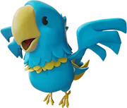 Blue cartoon parrot with yellow beak and feet, wings spread and smiling.