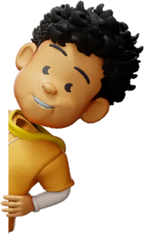 3D cartoon character with curly black hair, smiling and wearing a yellow shirt with a white sleeve, leaning to the side.