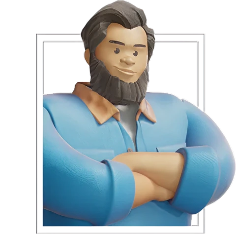 3D cartoon man with gray hair and beard wearing a blue shirt and crossing his arms.