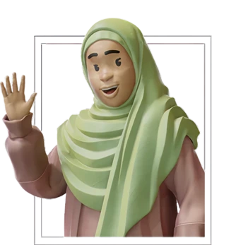3D illustration of a woman wearing a green hijab and pink outfit waving with a smile.