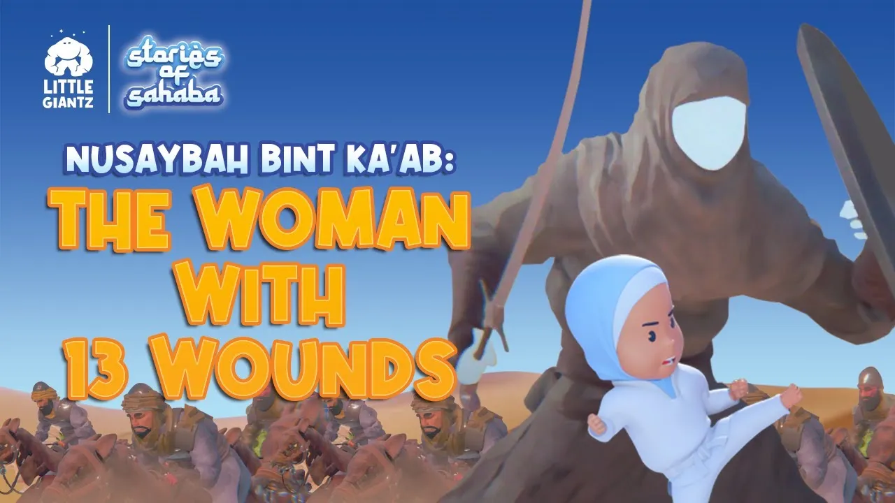 Animated scene from Stories of Sahaba featuring a woman in a white hijab kicking and a large faceless figure wielding a sword and shield, with mounted warriors in the background.