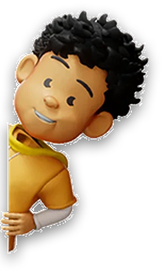 Cartoon boy with curly black hair wearing a yellow hoodie, peeking from the side and smiling.
