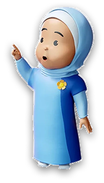 3D cartoon character of a young girl wearing a blue hijab and dress, pointing upward with an expressive face.