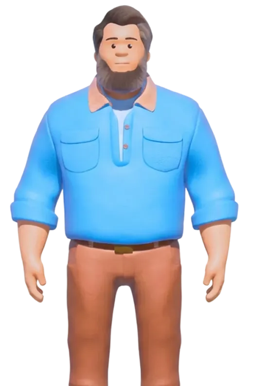 3D illustration of a bearded man in a blue shirt and brown pants with rolled-up sleeves.
