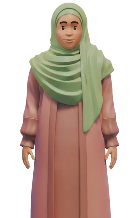 3D illustration of a woman wearing a green hijab and a long pink dress with puffed sleeves.