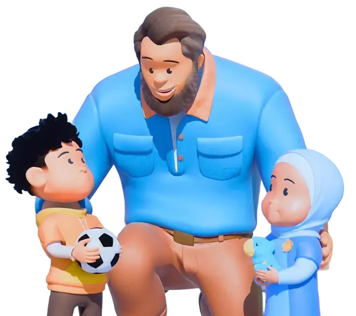 Bearded man kneeling with two children, one holding a soccer ball and the other a stuffed toy.