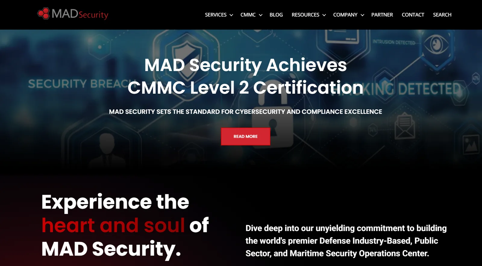 MAD Security homepage announcing that the company itself achieved CMMC Level 2 certification, above a section headed Experience the heart and soul of MAD Security.