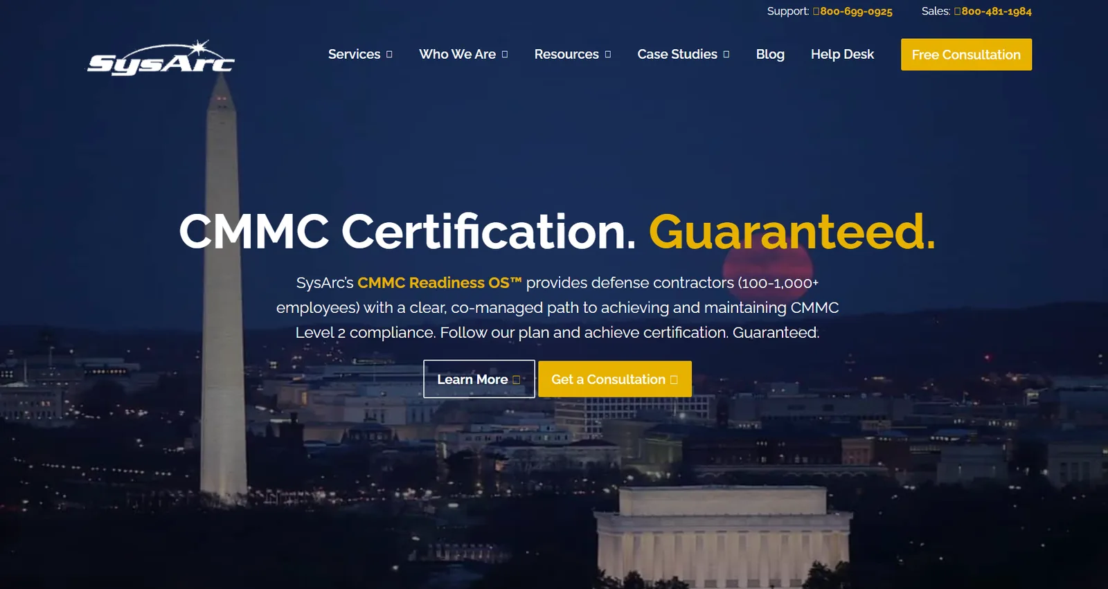 SysArc homepage: CMMC Certification. Guaranteed. — its CMMC Readiness OS is pitched to defense contractors of 100 to 1,000 employees, over a night skyline of Washington DC.