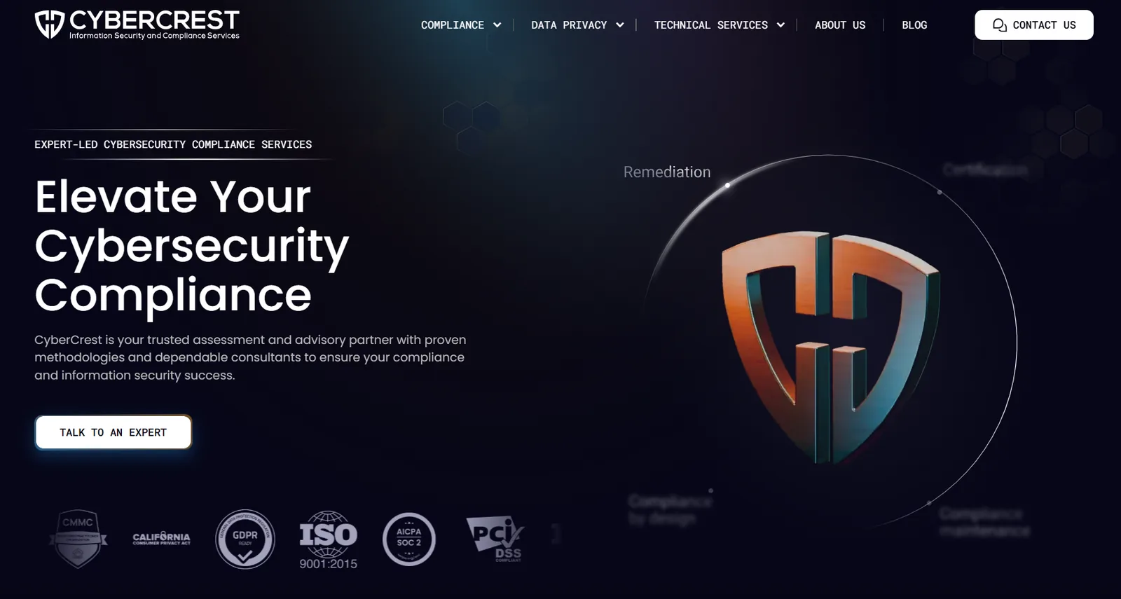 CyberCrest homepage: Elevate Your Cybersecurity Compliance, with CMMC, CCPA, GDPR, ISO 9001:2015, AICPA SOC 2 and PCI DSS badges along the bottom.