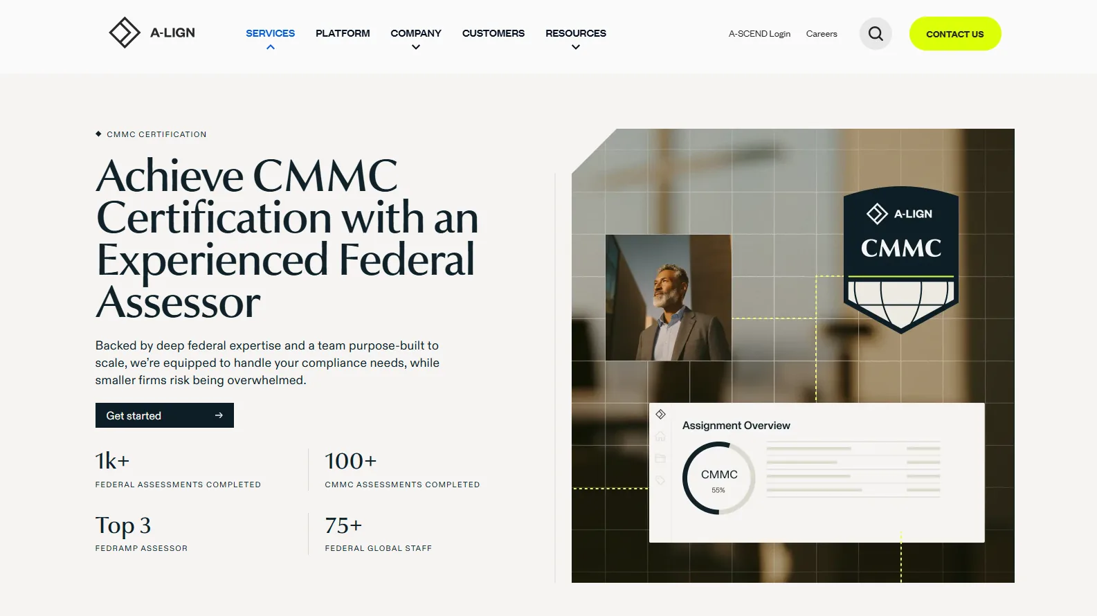 A-LIGN's CMMC certification page: Achieve CMMC Certification with an Experienced Federal Assessor, with counters for 1k+ federal assessments and 100+ CMMC assessments completed.