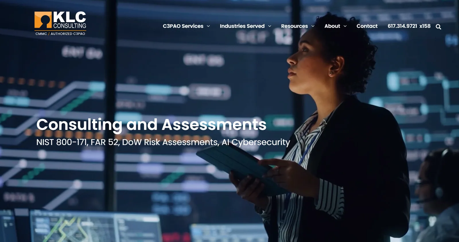 KLC Consulting homepage: Consulting and Assessments — NIST 800-171, FAR 52, DoW Risk Assessments, AI Cybersecurity, with a CMMC / Authorized C3PAO line under the logo.