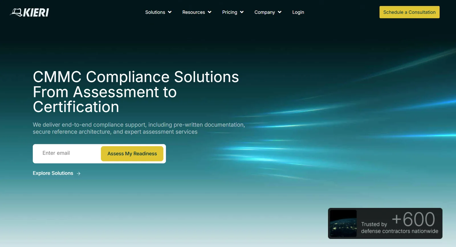 Kieri Solutions homepage: CMMC Compliance Solutions From Assessment to Certification, with a readiness-assessment email form and a Trusted by 600+ defense contractors nationwide badge.