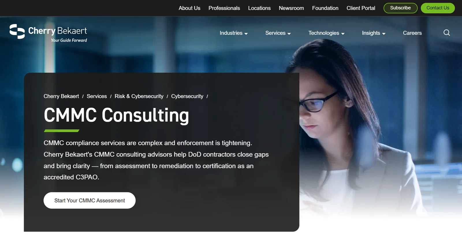 Cherry Bekaert's CMMC Consulting page, describing advisory from assessment through remediation to certification as an accredited C3PAO.