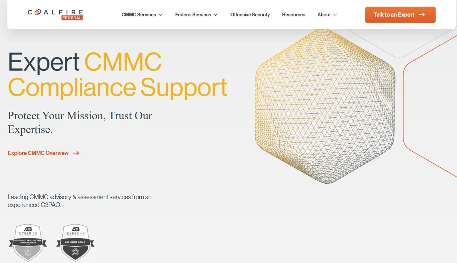 Coalfire Federal homepage: Expert CMMC Compliance Support, carrying both the Cyber AB Registered Practitioner Organization and Authorized C3PAO badges.