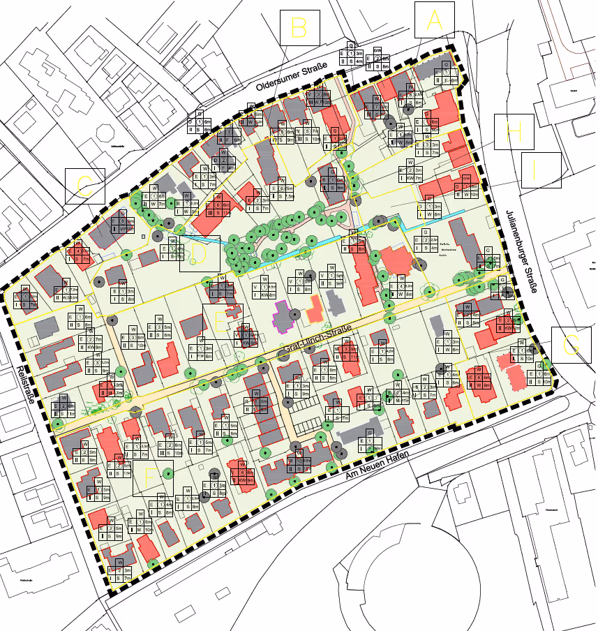 Stadtplan mit Gebäudeanordnung und Straßennamen in einem Wohngebiet.